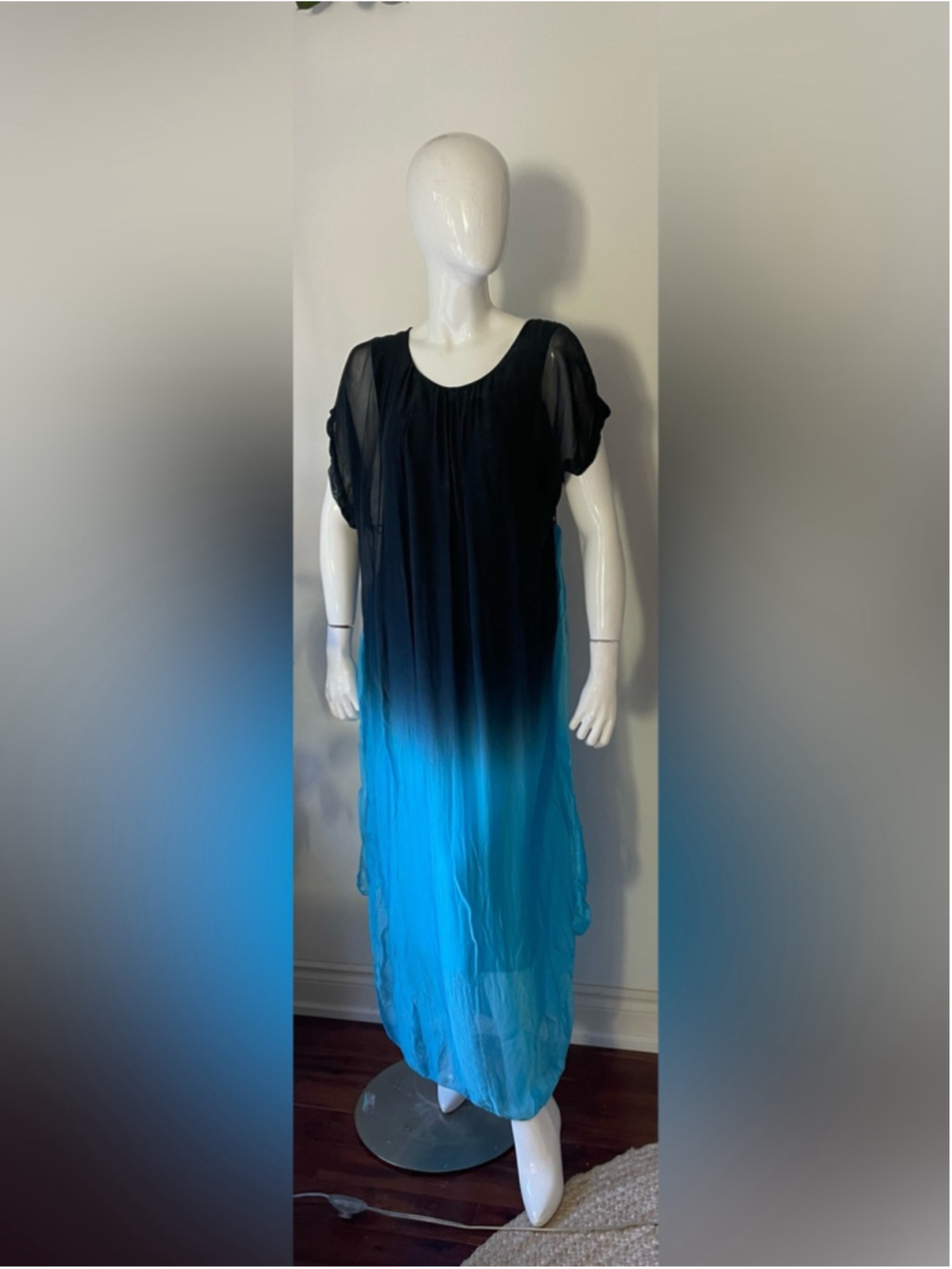 Made in Italy Silk Viscose Ombré Maxi Dress Sheer Overlay Lagenlook OS - Picture 2 of 11